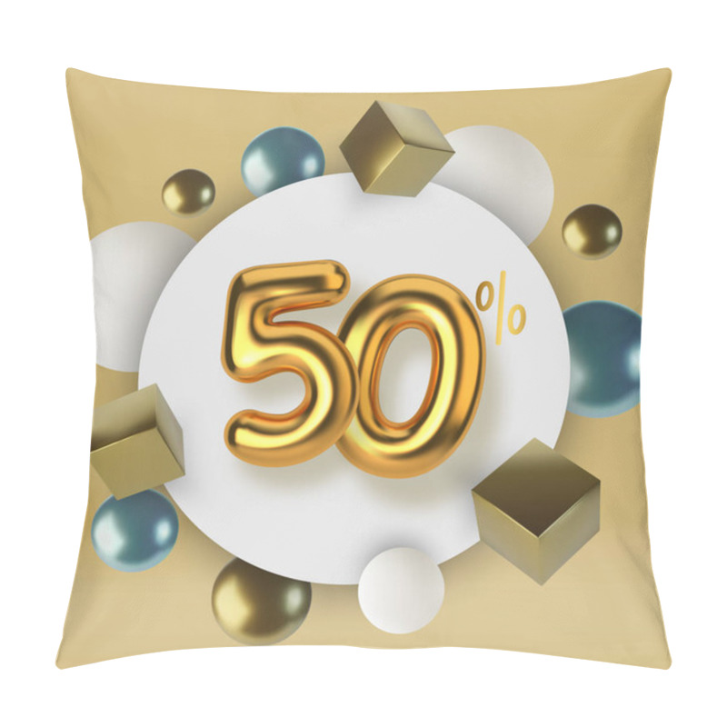 Personality  50 Off Discount Promotion Sale Made Of 3d Gold Text. Number In The Form Of Golden Balloons.Realistic Spheres And Cubes. Abstract Background Of Primitive Geometric Figures. Pillow Covers