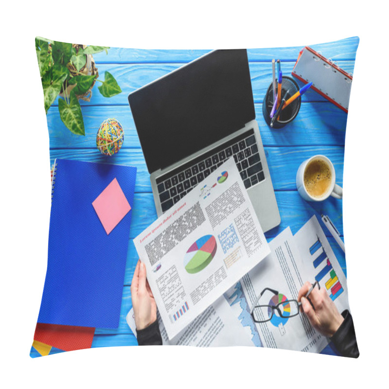 Personality  Hands With Report By Laptop On Blue Wooden Table With Stationery Pillow Covers