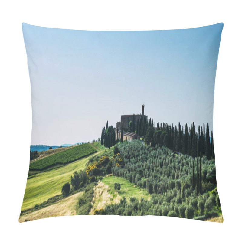 Personality  Tuscany Rural Sunset Landscape. Countryside Farm, Cypresses Trees, Green Field, Sun Light And Cloud. Italy, Europe. Pillow Covers