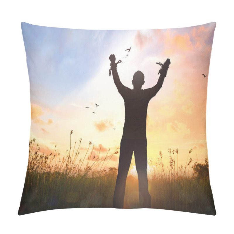 Personality  International Day For The Remembrance Of The Slave Trade And Its Abolition Concept: Silhouette Human Hand Broken Chains Against Twilight Sky Autumn Sunset Background Pillow Covers