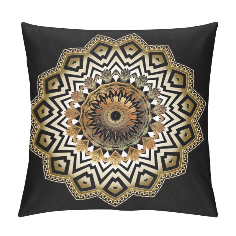 Personality  3d Baroque Vector Round Zigzag Mandala Pattern. Ornamental Floral Background. Geometric Greek Key Meanders Circle Zig Zag Ornament. Gold Flowers, Leaves. Elegance Luxury Decorative Baroque Design Pillow Covers