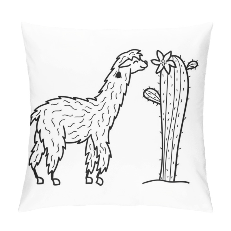 Personality  Vector Illustration Of Cute Character South America Lama With Decorations. Isolated Outline Cartoon Baby Llama. Hand Drawn Peru Animal Guanaco, Alpaca, Vicuna. Drawing For Print, Fabric. Pillow Covers