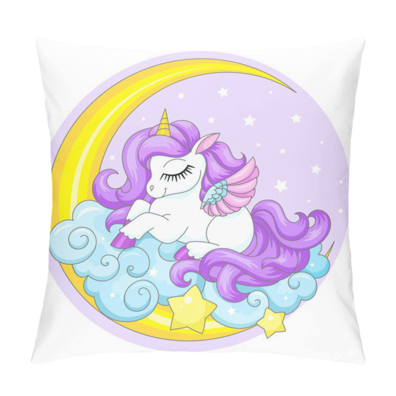 Personality  Cute Little White Unicorn Sleeps On A Cloud Near The Moon. Fantastic Character. For Childrens Design Of Prints, Posters, Cards, Stickers, Puzzles, Etc. Vector Pillow Covers