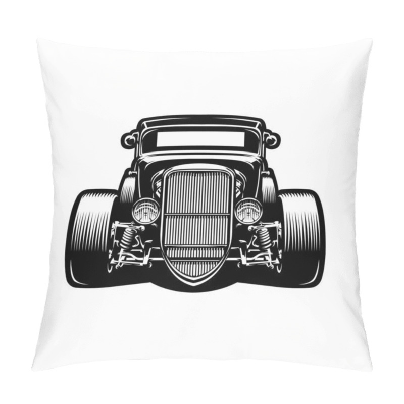 Personality  Custom Hotrod Car Front View Vector Monochrome Illustration. Best For Mechanics And Garage Related Industries Pillow Covers