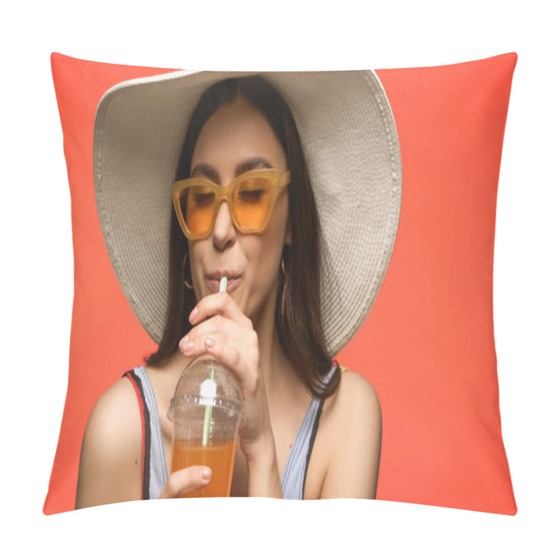 Personality  Pretty Woman In Sunglasses And Swimsuit Drinking Cocktail Isolated On Coral  Pillow Covers