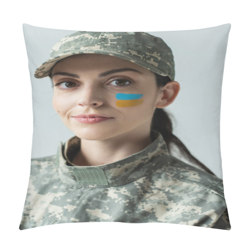 Personality  Military Woman With Ukrainian Flag Painted On Face Looking At Camera Isolated On Grey Pillow Covers