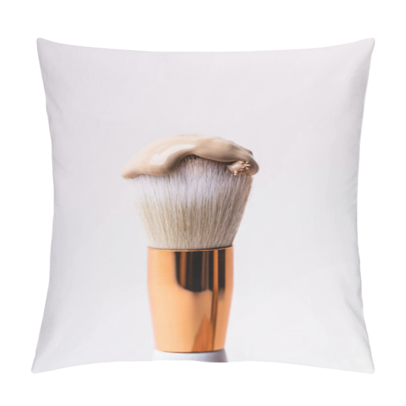 Personality  Close Up View Of Cosmetic Brush With Face Foundation Isolated On White Pillow Covers