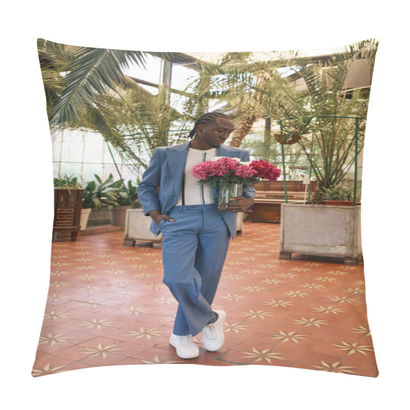 Personality  Handsome African American Man In Blue Suit Holding Flowers In A Vivid Green Garden. Pillow Covers