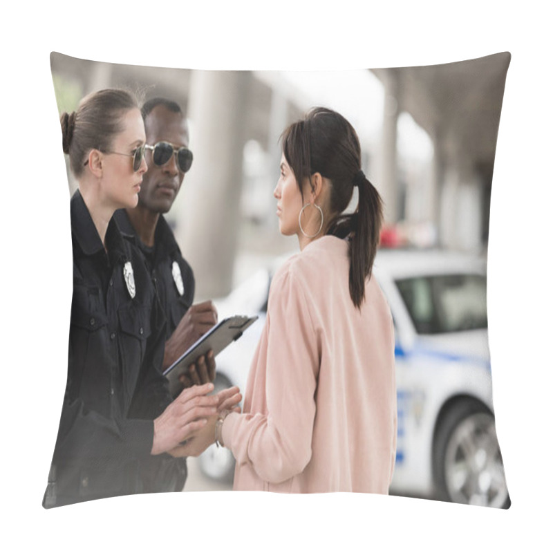 Personality  Policewoman Cheering Up Young Woman While Her Partner Writing In Clipboard  Pillow Covers