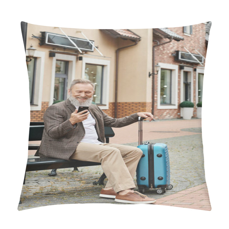 Personality  Cheerful Senior Man Using Smartphone And Sitting On Bench Near Luggage, Using Gadget, Age In Tech Pillow Covers