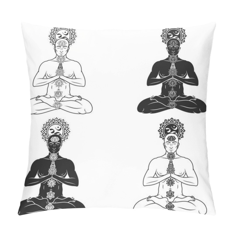 Personality  Vector Design Of Man Meditating In Lotus Flower Position With Chakra Symbol Pillow Covers