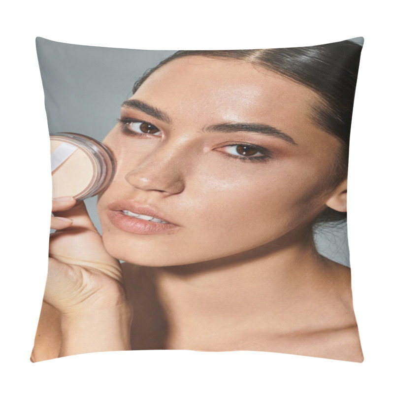 Personality  A Striking Woman With Flawless Skin Applies Makeup Gracefully Under Studio Lights. Pillow Covers