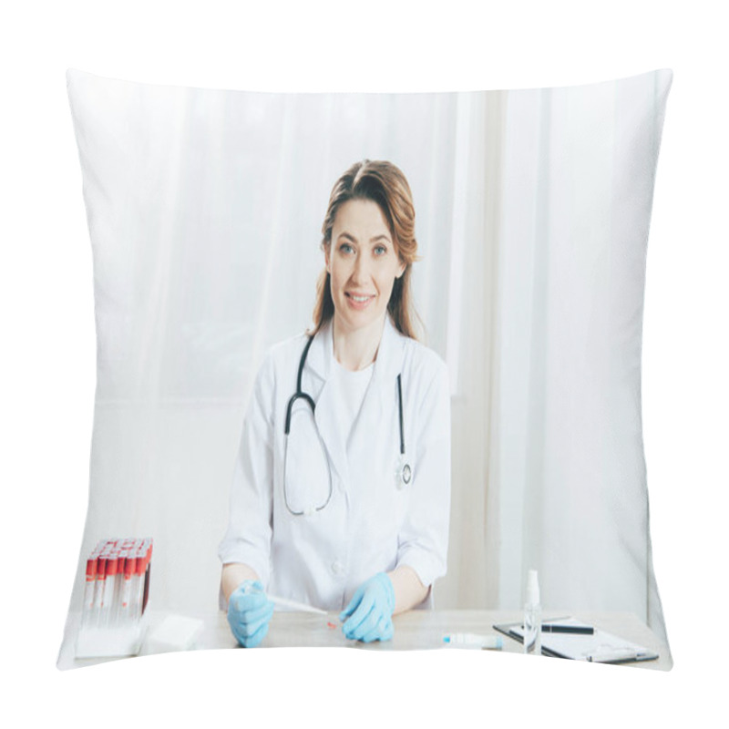 Personality  Smiling Doctor Holding Pipette And Microscope Slide With Blood Sample Pillow Covers