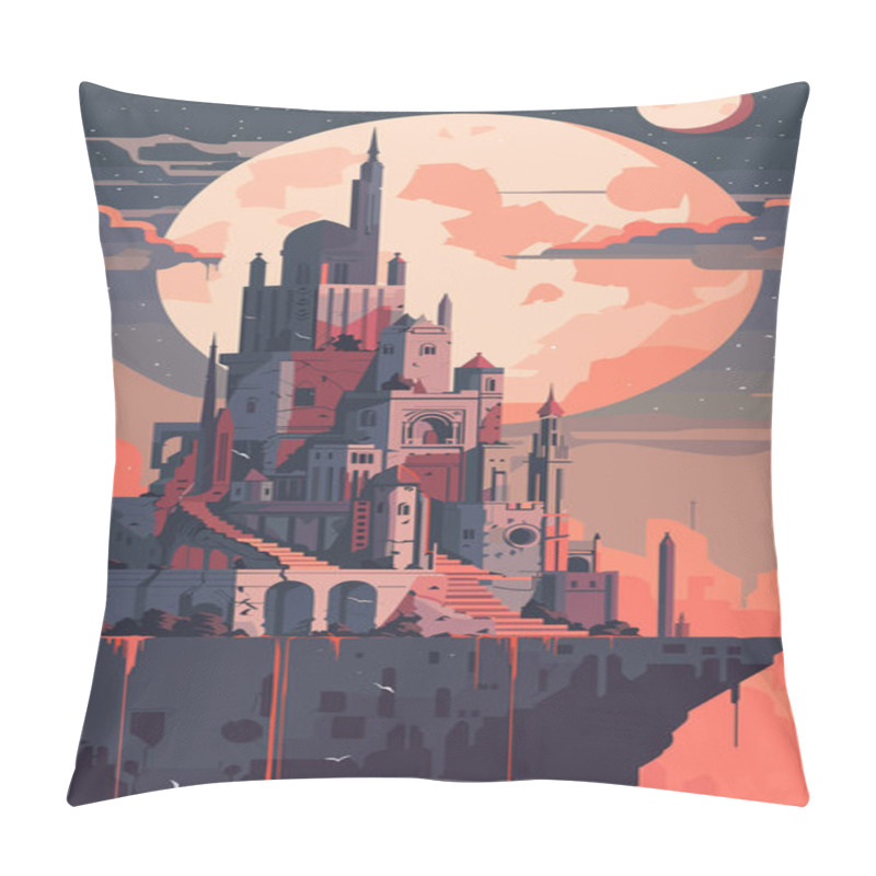 Personality  Castle, Perched Floating Island, Appears Against Colossal Moon Starry Sky, Structure Blends Gothic Medieval Designs Spiky Towers Grand Arches, Backdrop Bathed Soft Pink Orange Hues Clouds Night Pillow Covers