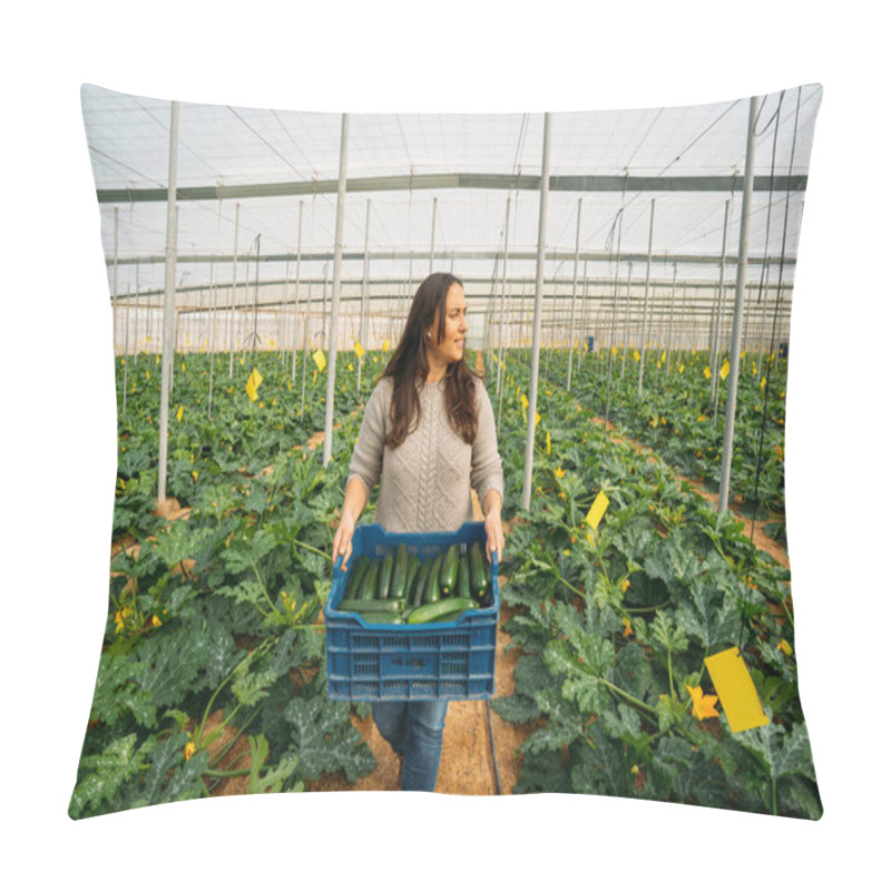 Personality  Young Woman Worker In Greenhouse Holding Box Of Zucchini Organic In Greenhouse. Pillow Covers