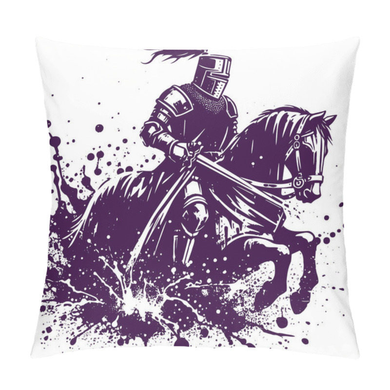 Personality  An Ancient Knight In Armor Gallops On A Horse Drawing His Sword Abstract Vector Stencil Drawing Pillow Covers