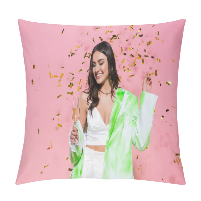 Personality  Smiling Woman Looking At Glass Of Champagne Under Confetti On Pink Background  Pillow Covers