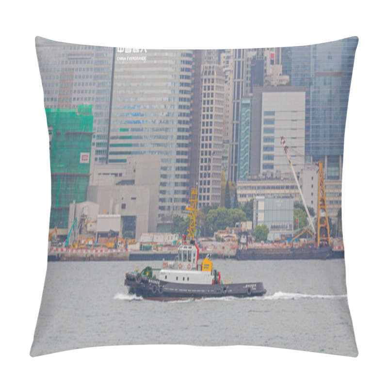 Personality  Hong Kong, China - April 23, 2017: Tug Boat Shunde Sct South China Towing Company Passing Victoria Harbour Spring Day. Pillow Covers