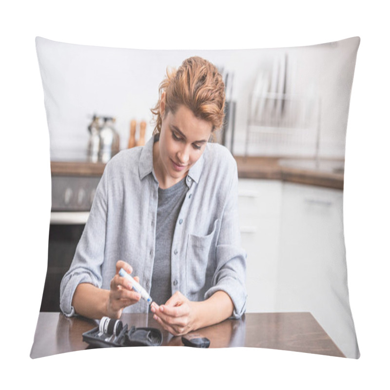 Personality  Attractive And Happy Woman Holding Blood Lancet Near Finger  Pillow Covers