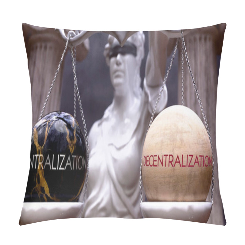 Personality  Centralization Or Decentralization As A Choice, Two Options To Choose From. Greek Statue Presenting Two Alternatives: Centralization Or Decentralization, Weighing Their Values. Pillow Covers