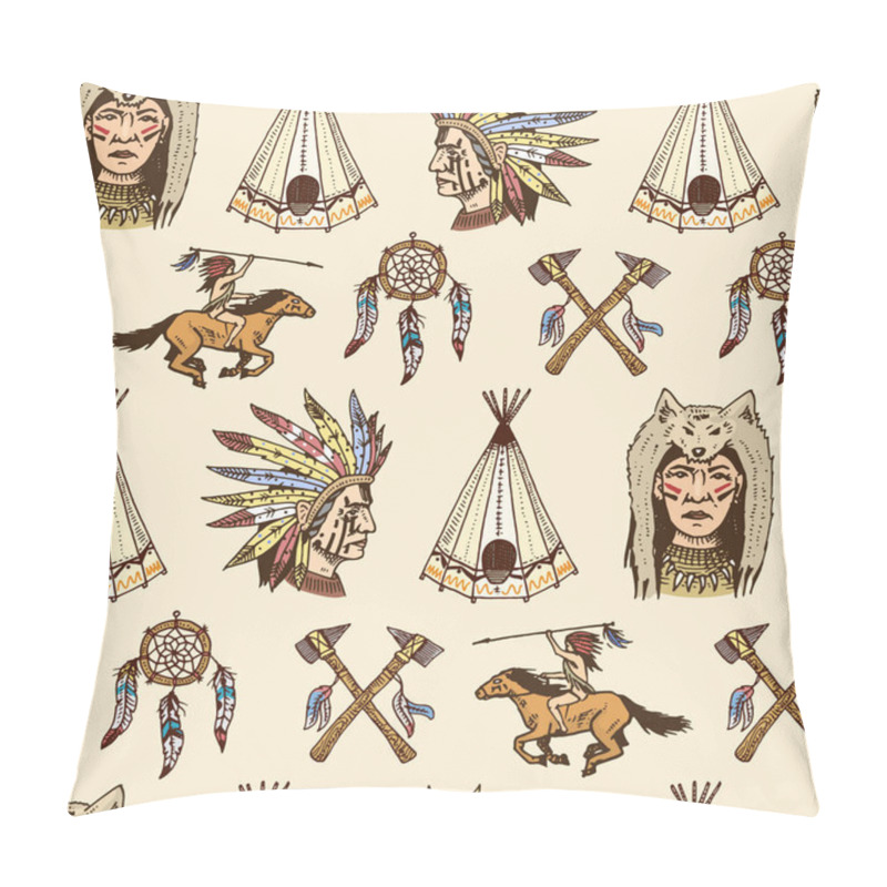 Personality  Indian Or Native American. Seamless Pattern. Axes And Tent, Dreamcatcher And Cherokee, Tomahawk. Set Of Engraved Vintage, Hand Drawn, Old, Labels Or Badges. Pillow Covers