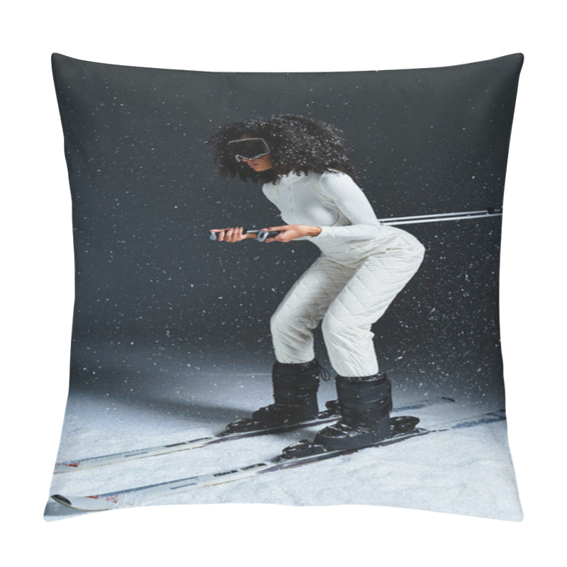 Personality  A Stylish Brunette African American Woman Models A Chic Ski Suit In A Dynamic Studio Setting. Pillow Covers