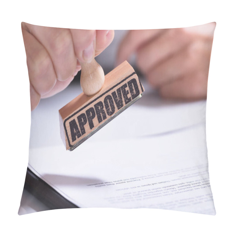 Personality  Close-up Of Person Hands Using Stamper On Document With The Text Approved Pillow Covers