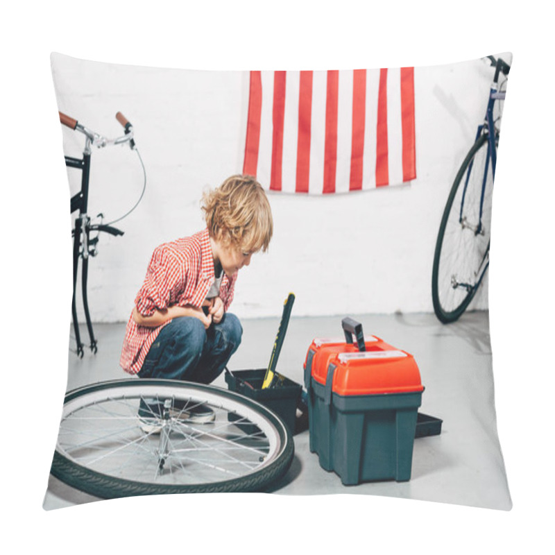 Personality  Child Sitting Near Tools Boxes Near Disassembled Bicycle Wheel At Workshop Pillow Covers