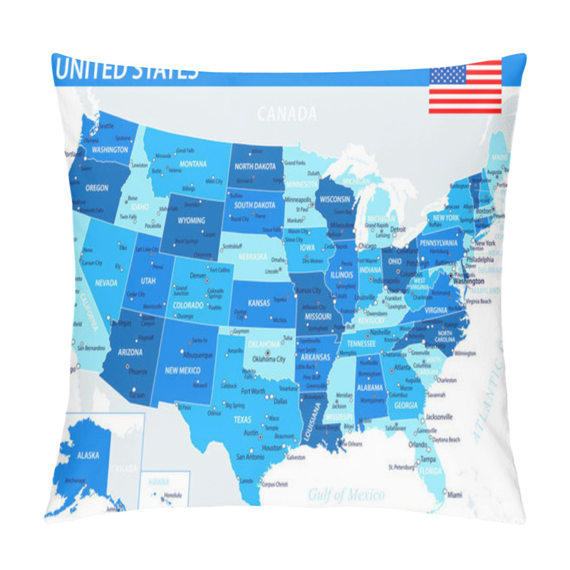 Personality  United States Map Vector Blue Spot - Customizable Layered Political Map Of United States With Administrative Divisions For Website, Education, Reports, News, Politics, Print, Poster, Wallpaper Pillow Covers