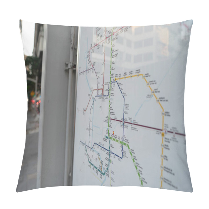 Personality  BANGKOK, THAILAND - OCTOBER 27, 2023: Close Up Shot Of BTS SkyTrain Route Map As Seen At Chit Lom Station In Bangkok. Pillow Covers