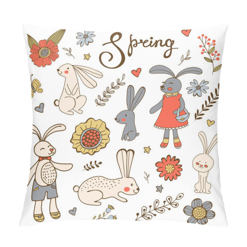 Personality  Cute Hand Drawn Collection Of Bunnies Rabbits And Flowers Pillow Covers