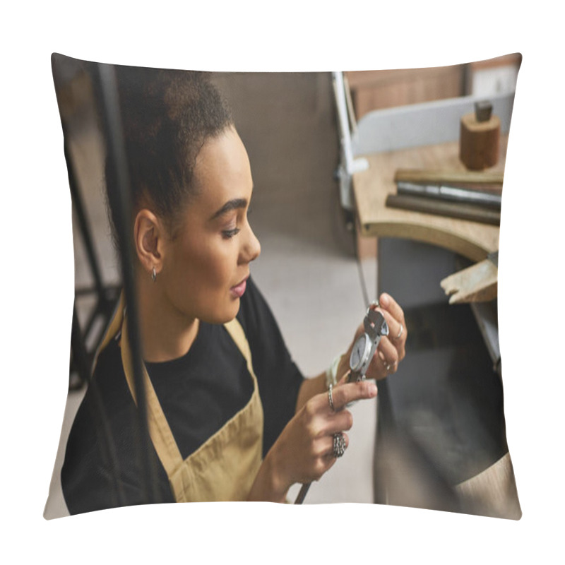 Personality  An Artisan Examines Intricate Jewels While Immersed In Her Creative Workspace. Pillow Covers