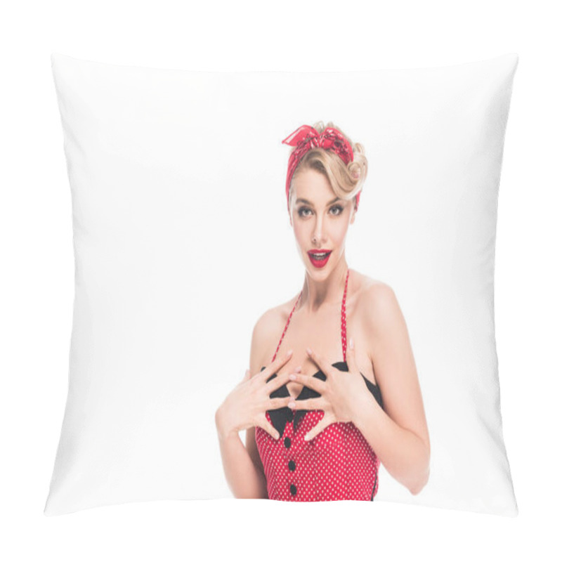 Personality  Beautiful Young Woman In Pin Up Dress Gesturing By Hands And Looking At Camera Isolated On White Pillow Covers