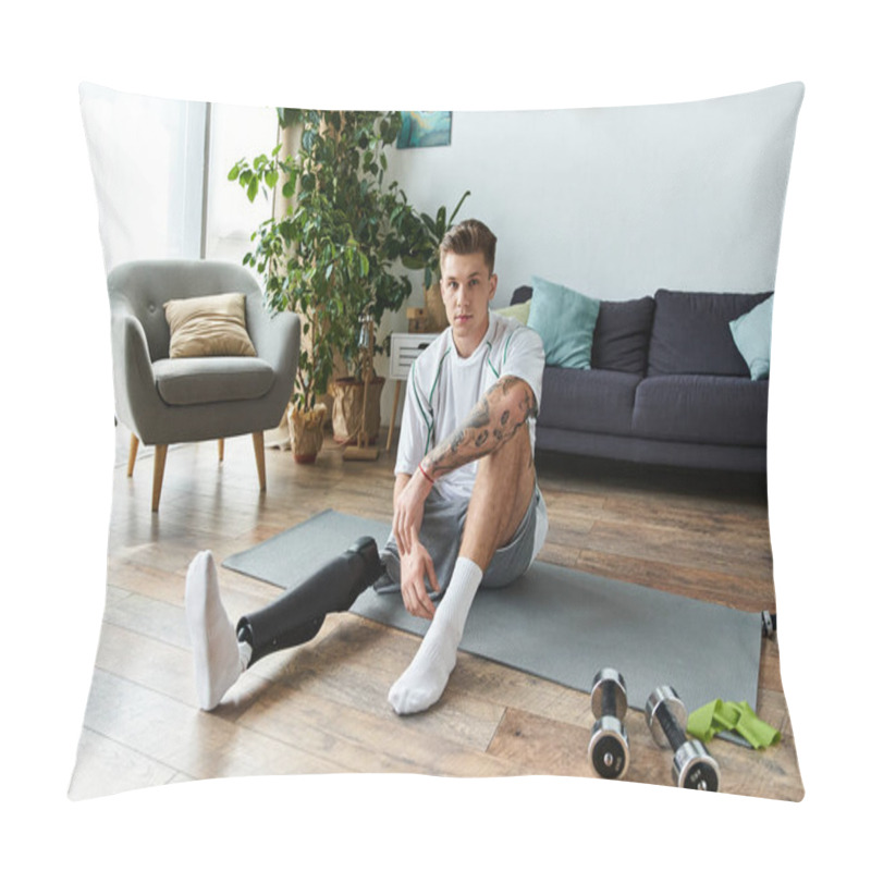 Personality  Handsome Young Man With A Prosthetic Leg Stretches On A Mat While Relaxing At Home During The Day. Pillow Covers