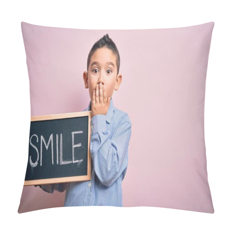 Personality  Young Little Boy Kid Showing Blackboard With Smile Word As Happy Message Over Pink Background Cover Mouth With Hand Shocked With Shame For Mistake, Expression Of Fear, Scared In Silence, Secret Concept Pillow Covers