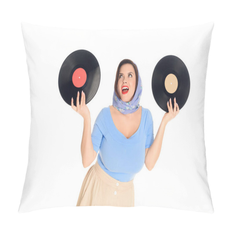 Personality  Happy Stylish Pin Up Woman Holding Vinyl Records Isolated On White Pillow Covers