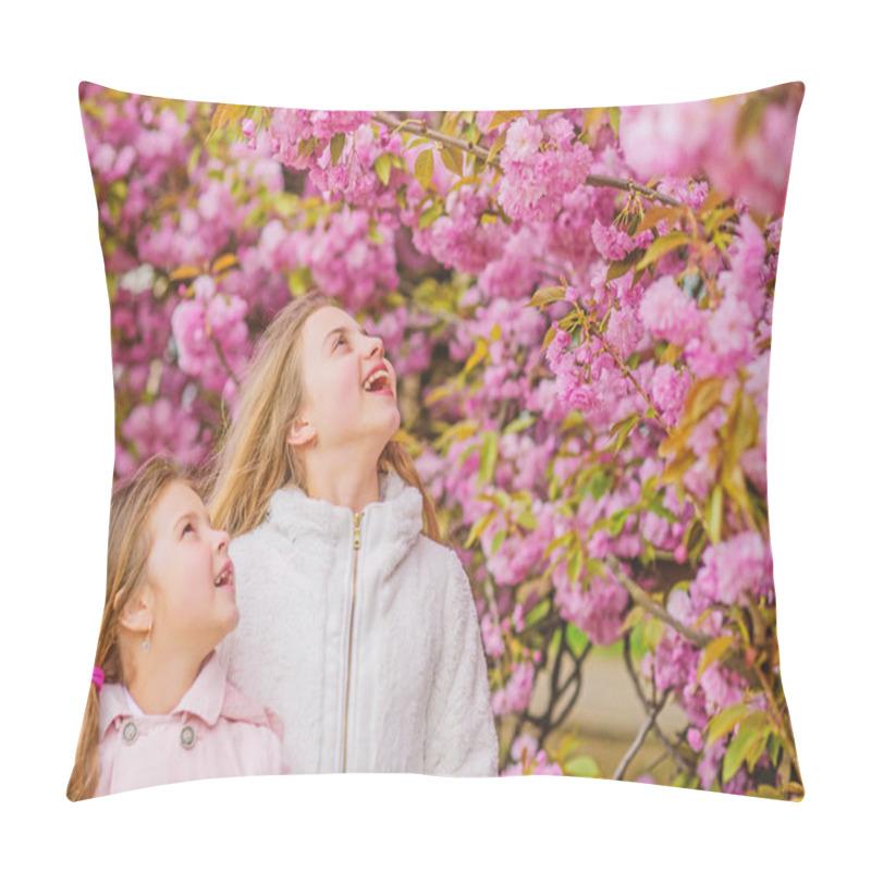 Personality  Botany Concept. Kids Enjoying Cherry Blossom Sakura. Flowers Soft Pink Clouds. Children Enjoy Warm Spring. Girls Posing Near Sakura. Lost In Blossom. Kids On Pink Flowers Of Sakura Tree Background Pillow Covers