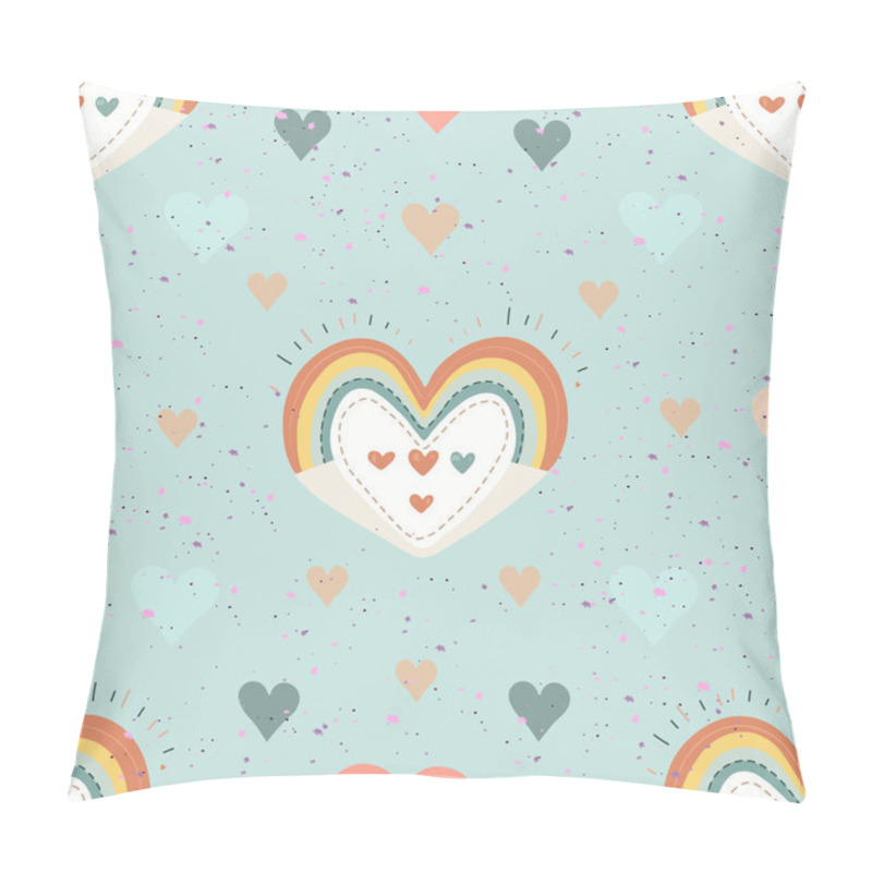 Personality  Seamless Pastel Heart Pattern With Rainbow Accents. Whimsical Heart And Rainbow Design On White Background. Colorful Hearts And Dotted Accents Repeating Pattern Pillow Covers