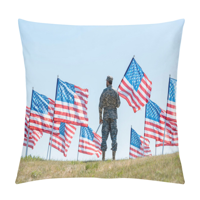 Personality  Selective Focus Of Soldier In Military Uniform And Cap Standing And Holding American Flag  Pillow Covers