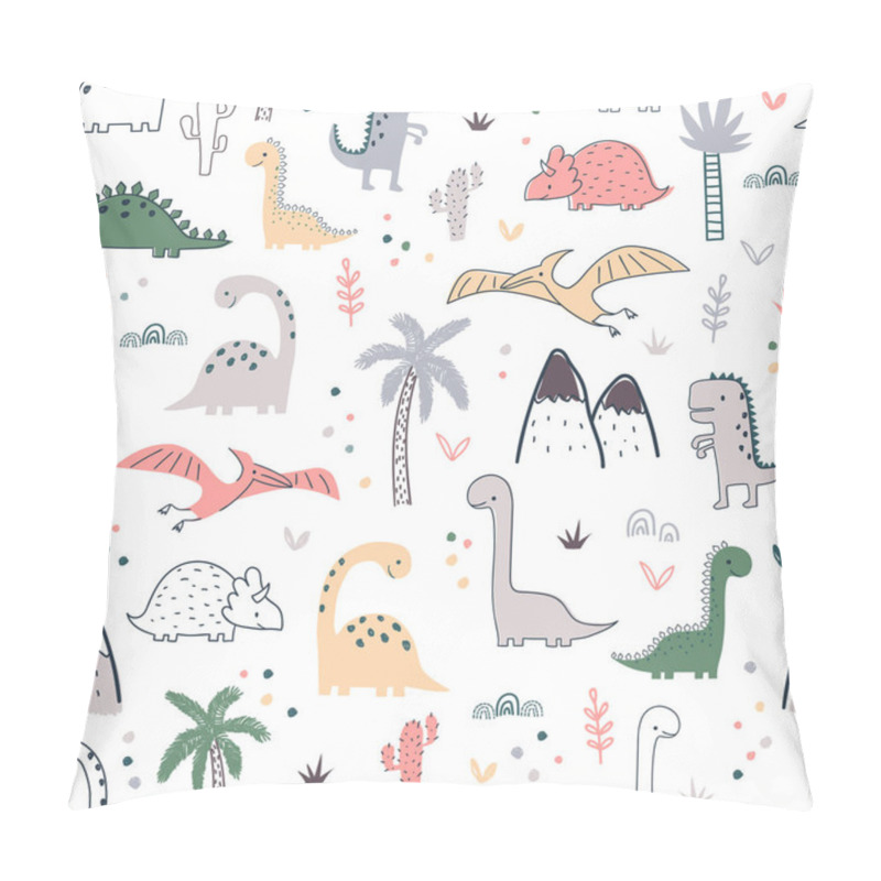 Personality  Cartoon Seamless Pattern With Dinosaurs And Palm Trees. Vector Illustration For Kids. Use For Print Design, Surface Design, Fashion Kids Wear Pillow Covers