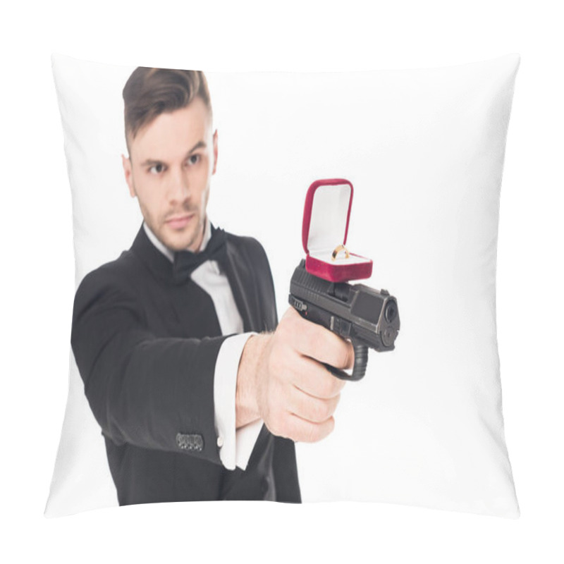 Personality  Male Killer In Black Suit Aiming With Gun With Proposal Ring, Isolated On White Pillow Covers