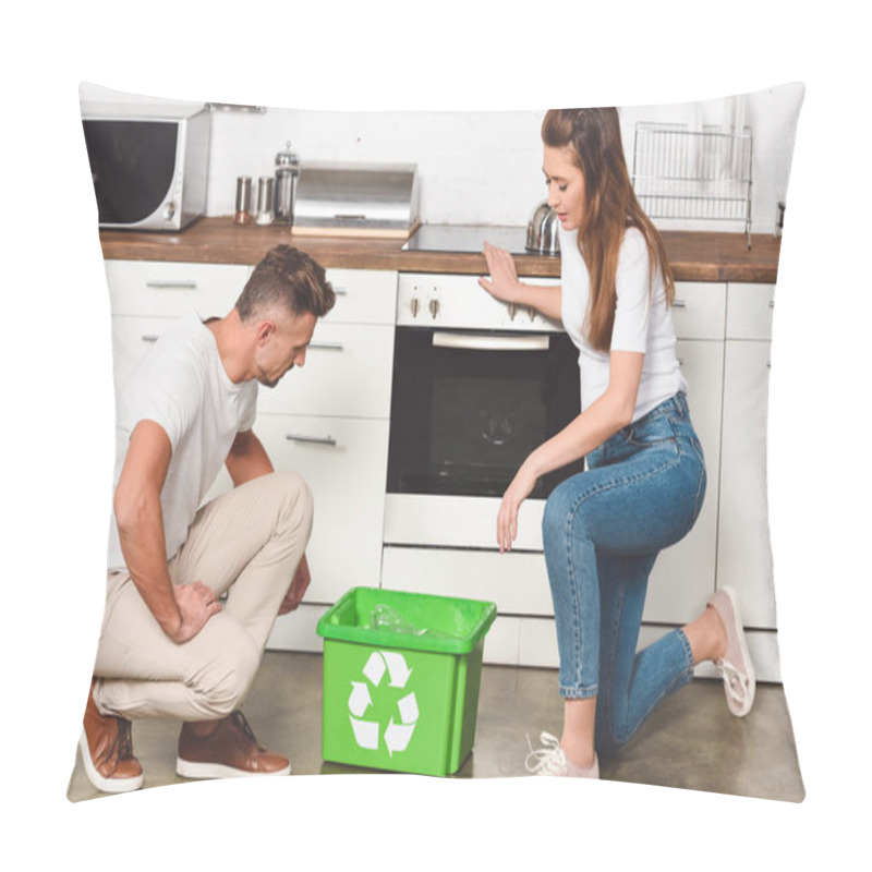 Personality  Adult Couple Standing At Kitchen With Green Recycle Box On Floor Pillow Covers