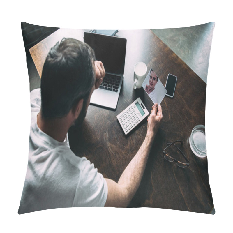 Personality  High Angle View Of Man Looking At Photo Of Ex-girlfriend Pillow Covers