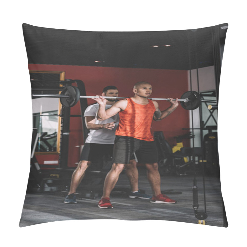 Personality  Attentive Trainer Controlling African American Sportsman Lifting Barbell Pillow Covers