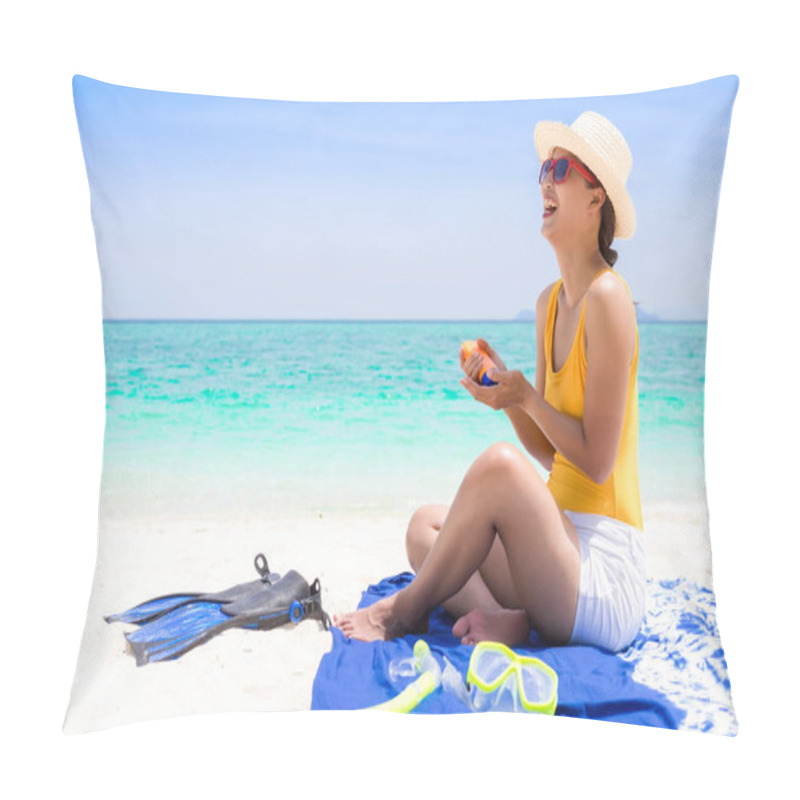 Personality  Young Woman On The Beach Applying Sun Cream.  Pillow Covers