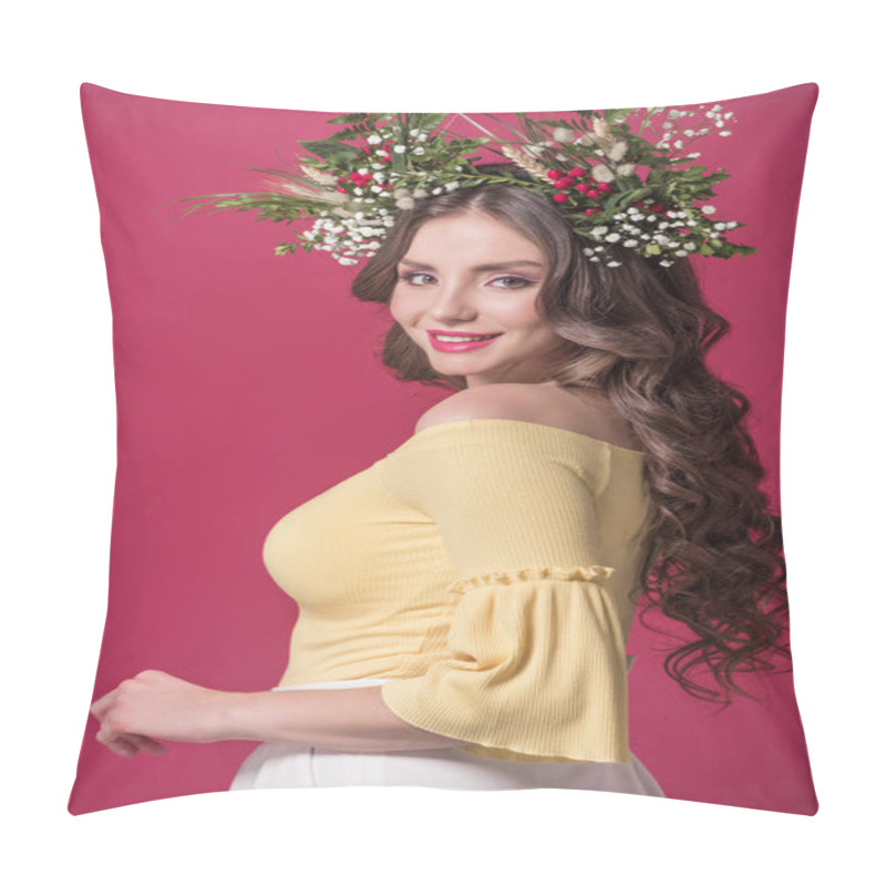 Personality  Beautiful Girl With Flowers Wreath On Head Looking At Camera Isolated On Burgundy Pillow Covers