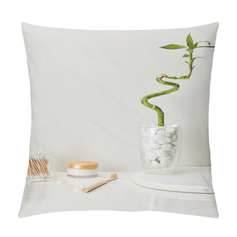 Personality  Ear Sticks In Glass, Cosmetic Cream And Toothbrush Near Bamboo Stem In Vase On White Marble Background Pillow Covers