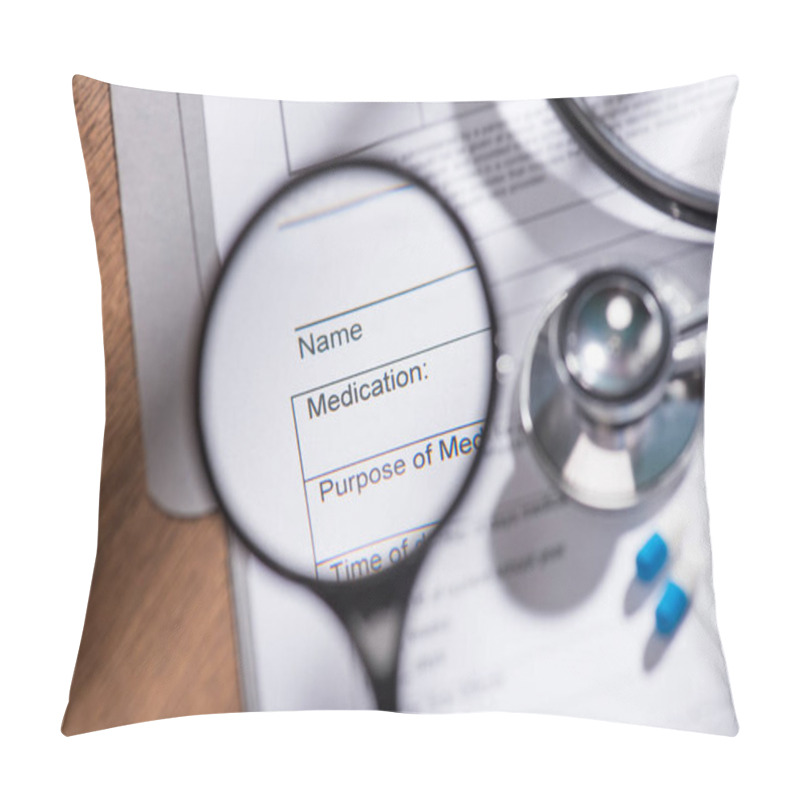 Personality  View From Magnifier On Medical Questionnaire On Table With Stethoscope And Pills  Pillow Covers