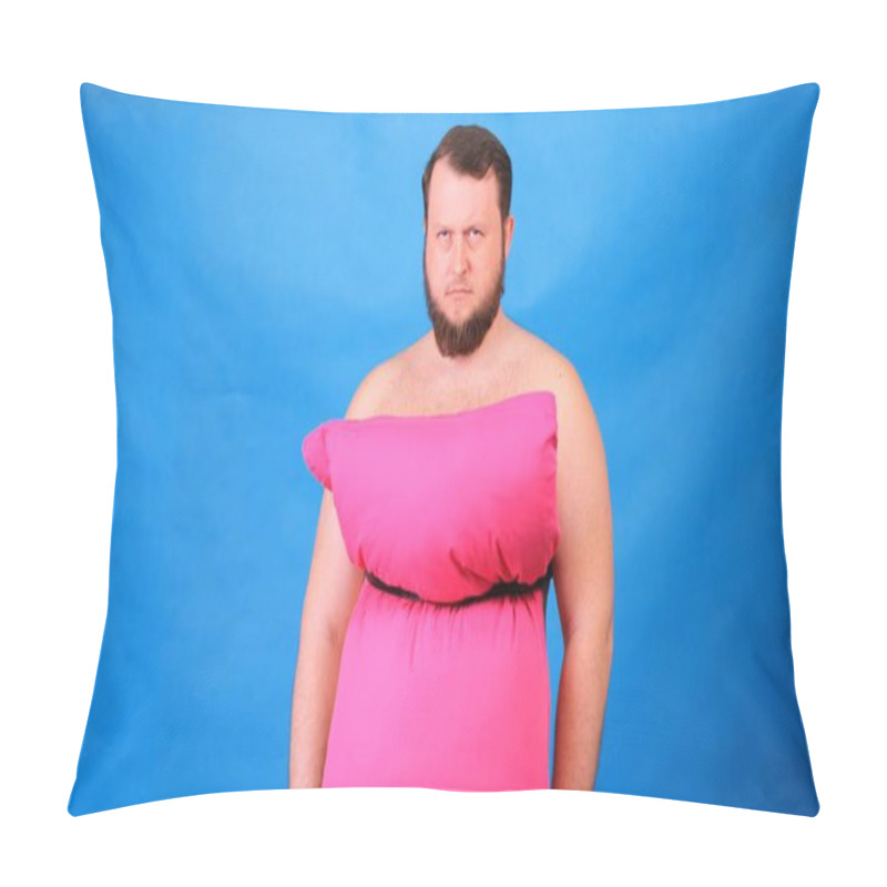 Personality  Funny Bearded Guy In A Pink Dress Made Of Pillows Drinks Wine From A Glass On A Blue Background. Crazy Quarantine. Fashion 2020. Put On A Pillow. Challenge 2020 Due To House Isolation Pillow Covers