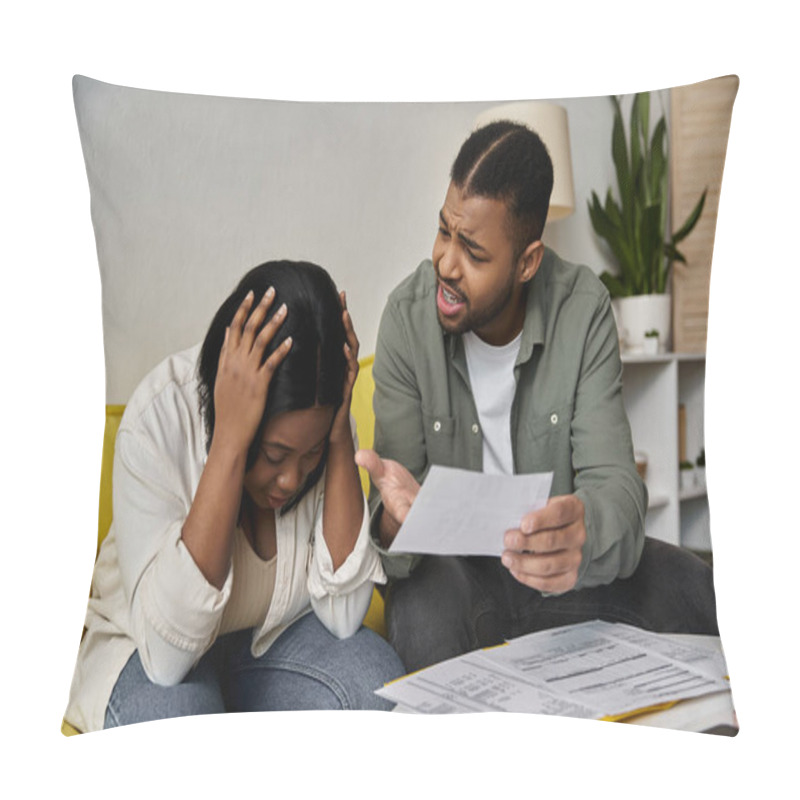 Personality  A Couple Argues Over Bills And Finances While Sitting On A Couch. Pillow Covers